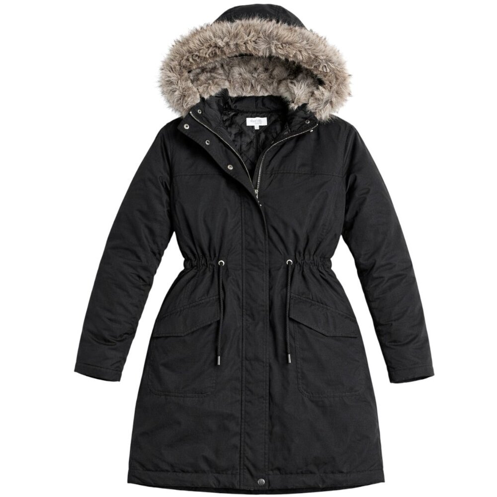 Charlotte Russe Faux Fur-Trim Hooded Drawstring Winter Layering Parka Jacket - Picture 4 of 8